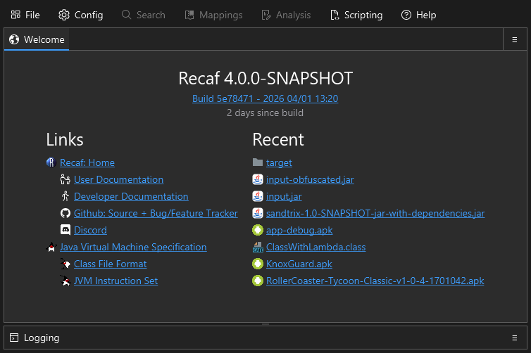 The home panel showing relevant links and recent opened files